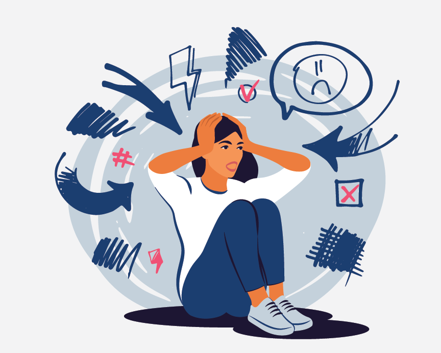 A stressed-looking girl with her hands on her head.