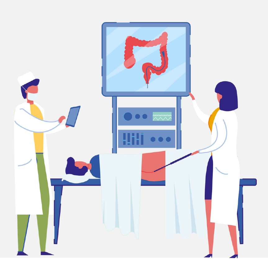 Two doctors standing next to a patient lying down and looking at a screen with intestines on it.