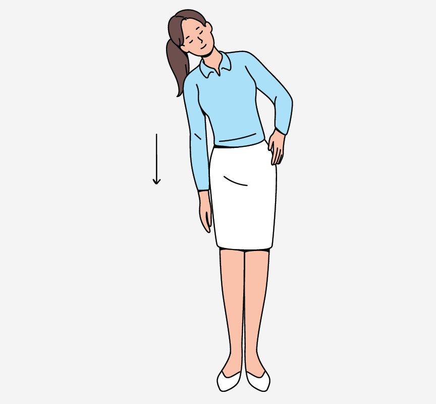 A woman reaching her right hand down toward her feet.
