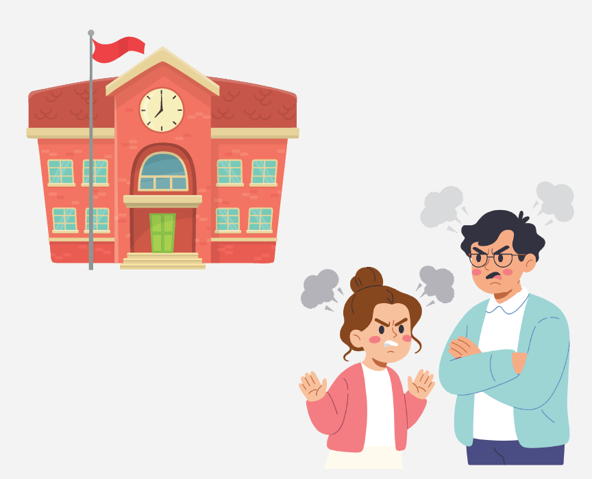 A school building and a man and woman looking frustrated.