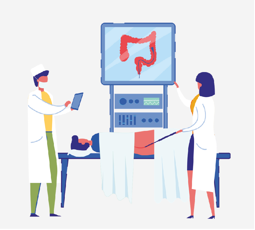 Two doctors standing next to a patient and looking at a screen with a colon on it.