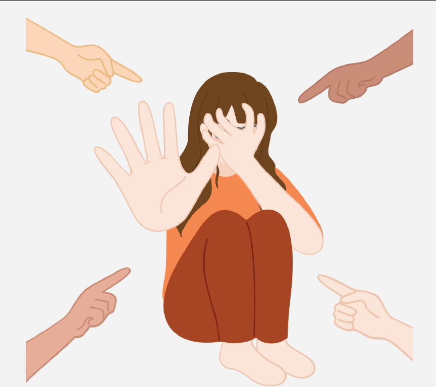 A girl sitting on the ground with multiple hands putting their fingers at her.