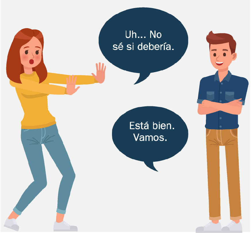 Una mujer confundida está de pie frente a un hombre con ambos brazos extendidos frente a ella.