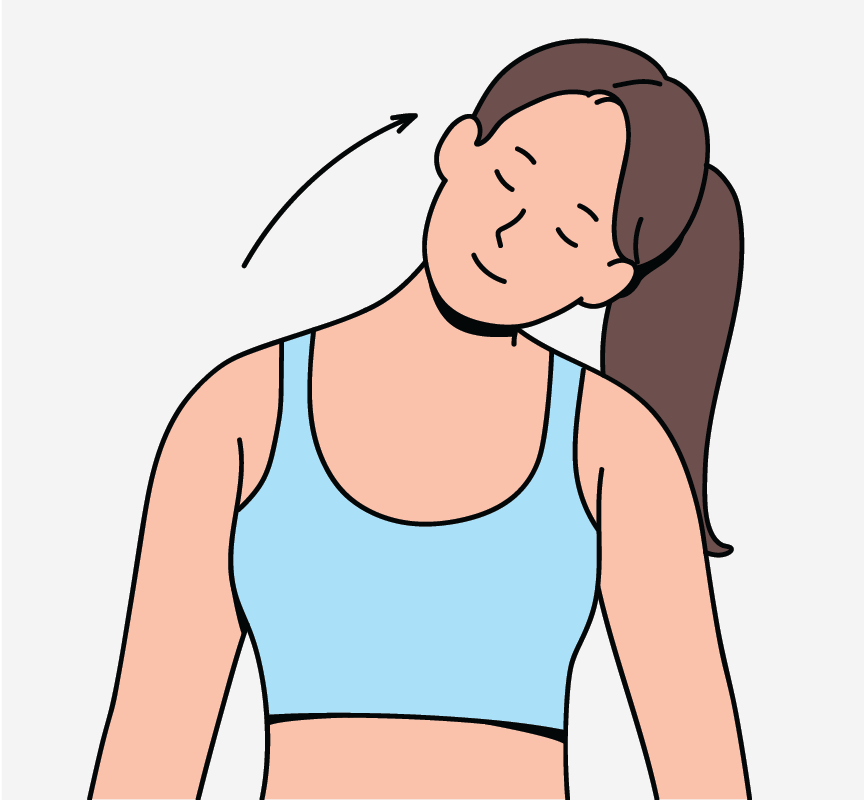 A girl touching her ear to her shoulder.