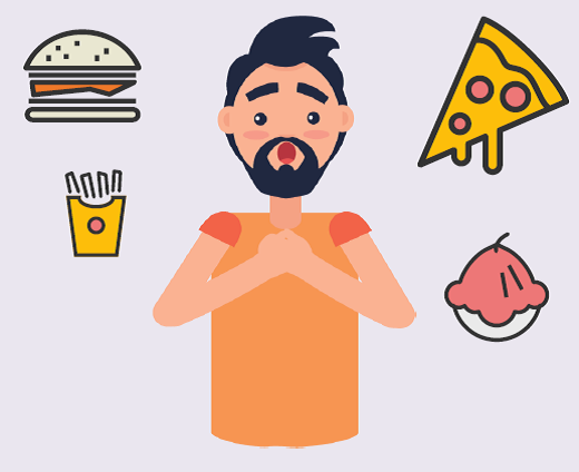 A man with an surprised expression and his hands together at his chest. A burger, fries, ice cream, and pizza slice surround him.