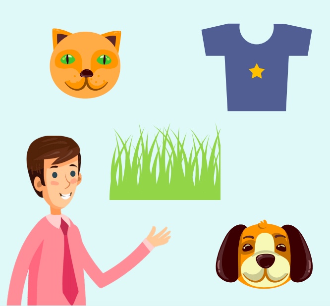 A man under a cat, a t-shirt, grass, and a dog.