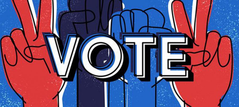 Red White and Blue graphic of hands in the air with the word VOTE