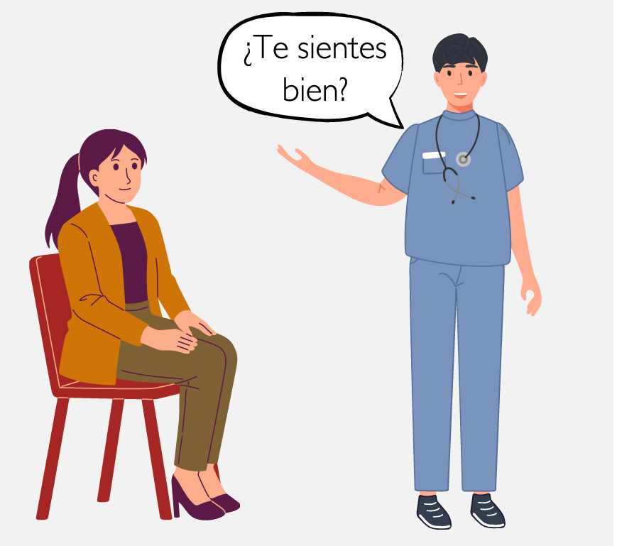 Un paciente está sentado en una silla. La enfermera pregunta: “¿Se siente bien?”.