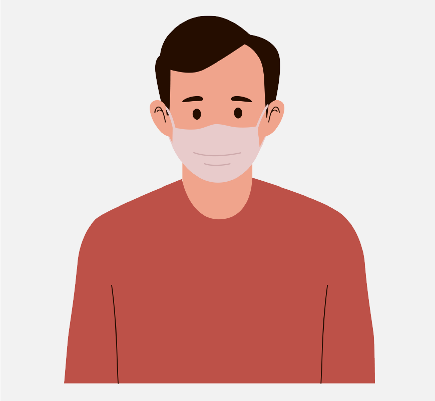 A man in a red shirt wearing a mask.