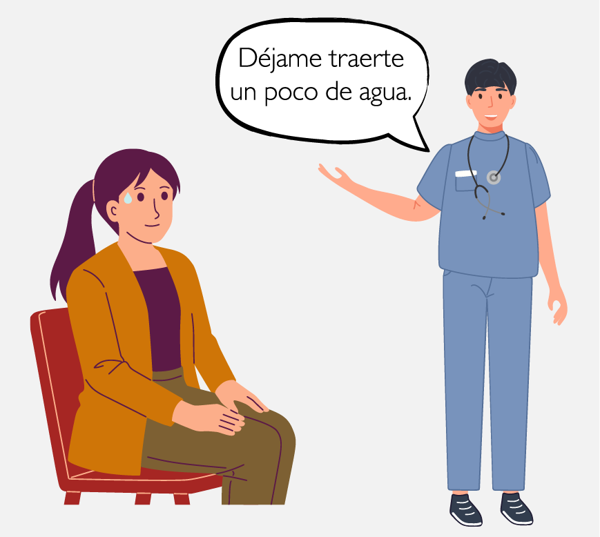 Un paciente está sentado en una silla. La enfermera dice: “Le traeré un poco de agua”