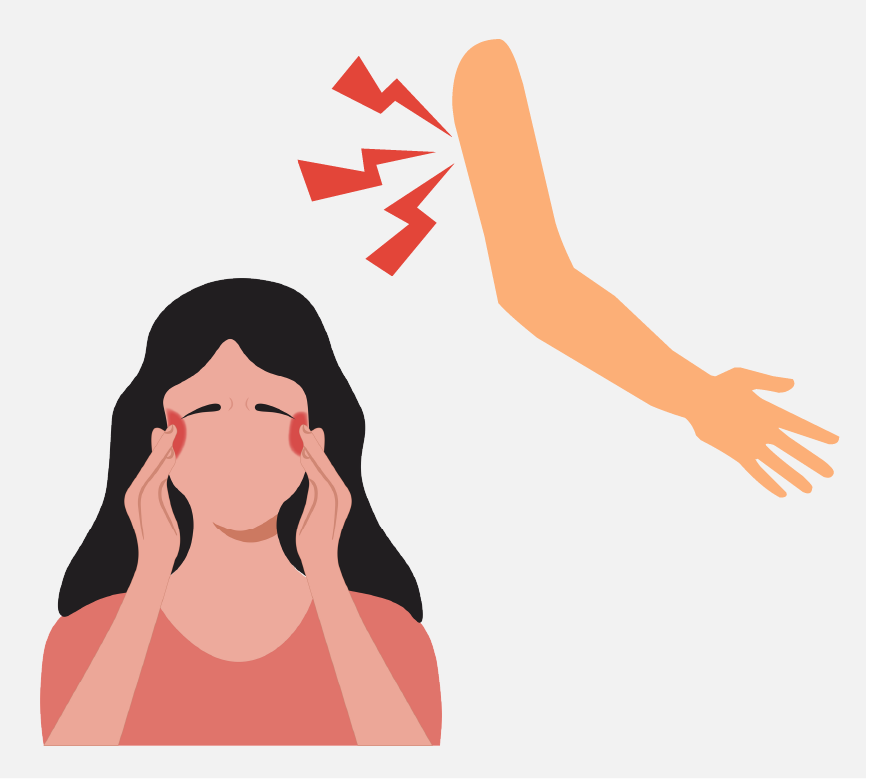 A woman with a fever is rubbing her head. There is also an icon of an arm with lightning bolts around it to show that it’s in pain.