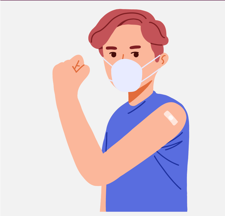 A person wearing a mask and flexing their arm with a band-aid on it.