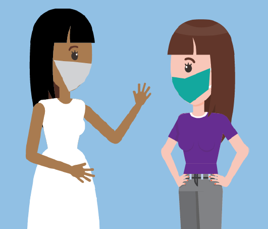A nurse wearing a mask speaking to a woman wearing a mask.
