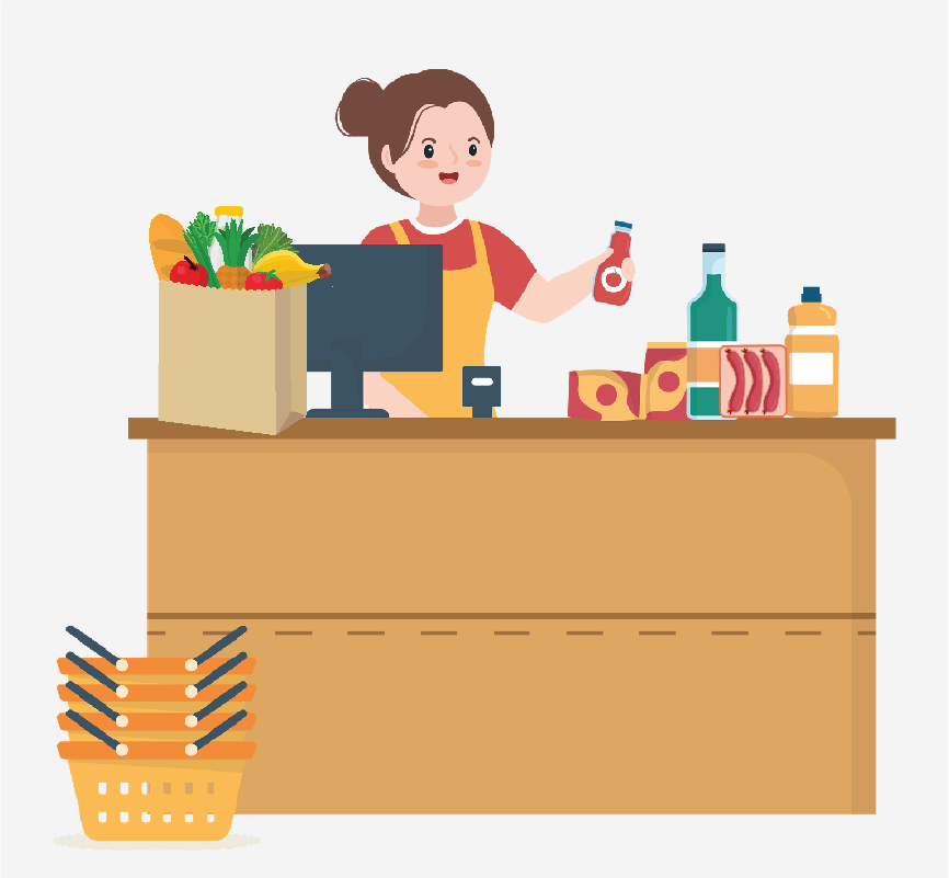 A woman scanning groceries behind a counter and register.