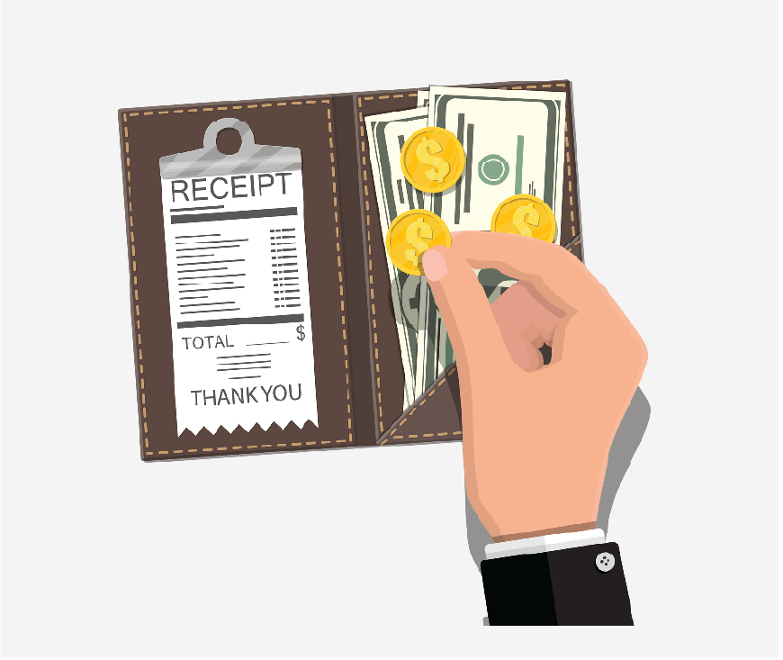 رسم ليد تضع المال في محفظة الفاتورة، للدفع مقابل وجبة العشاء.