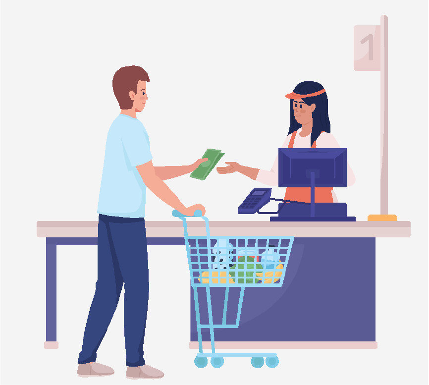 A man pushing a grocery cart and handing money to the woman at the register.