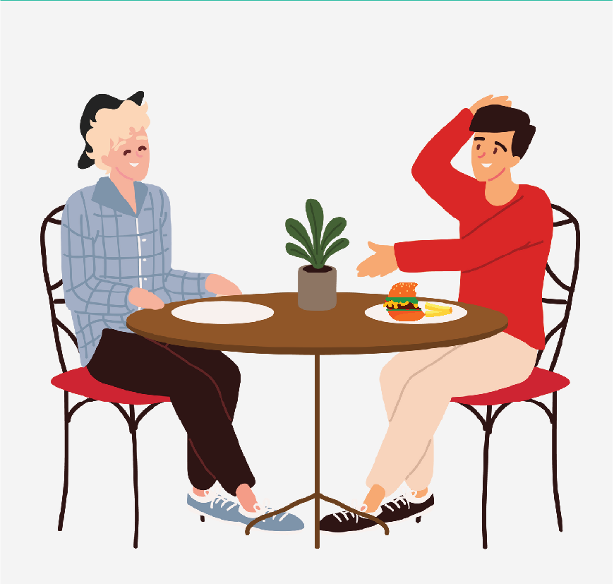 Graphic of two men sitting at a table, one has finished eating while the other is still eating.