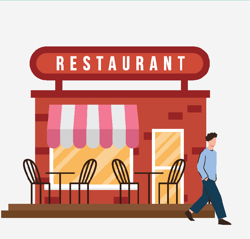 رسم لرجل يمشي مبتعدًا عن مبنى المطعم.