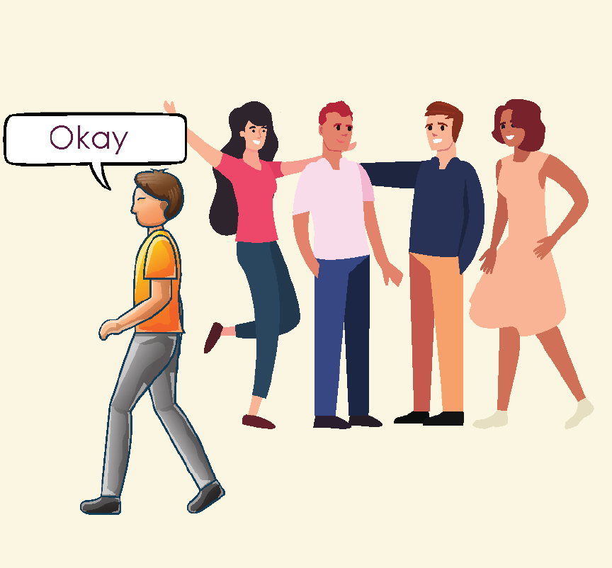A man walking away from a group of people and saying 