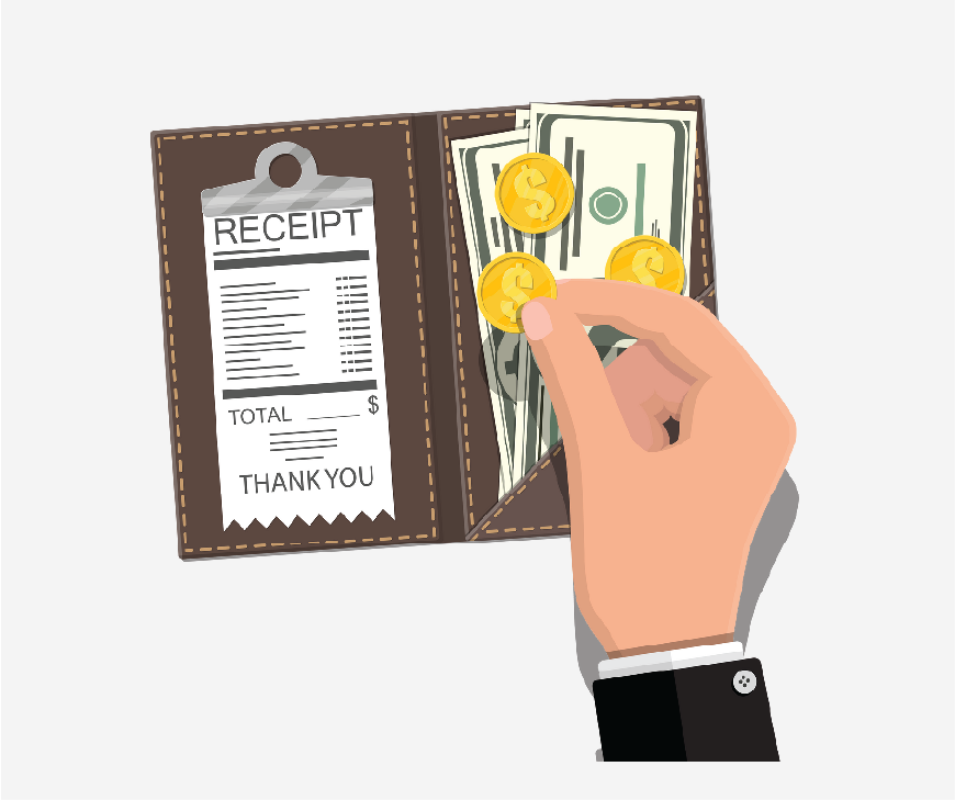 Graphic of a hand that is placing money in a receipt wallet. There is a piece of paper with the bill written on it.