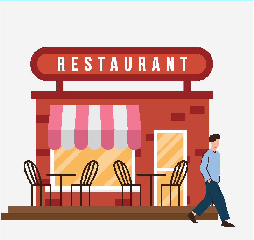 Graphic of a man walking away from a restaurant building.