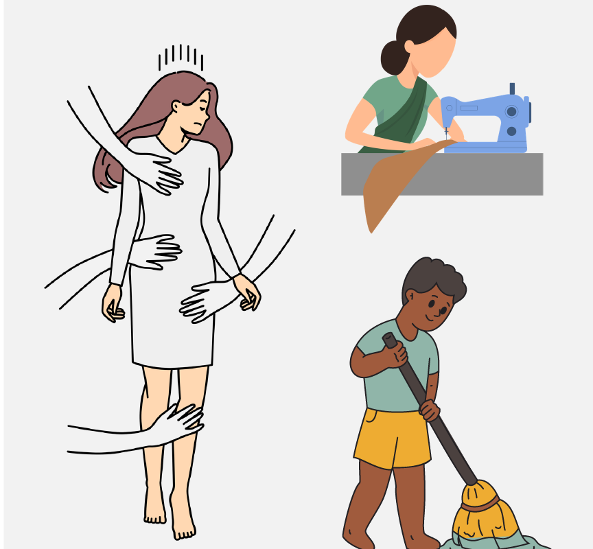 A woman is being touched by multiple hands. A boy is sweeping the floor, and a woman is using a sewing machine.