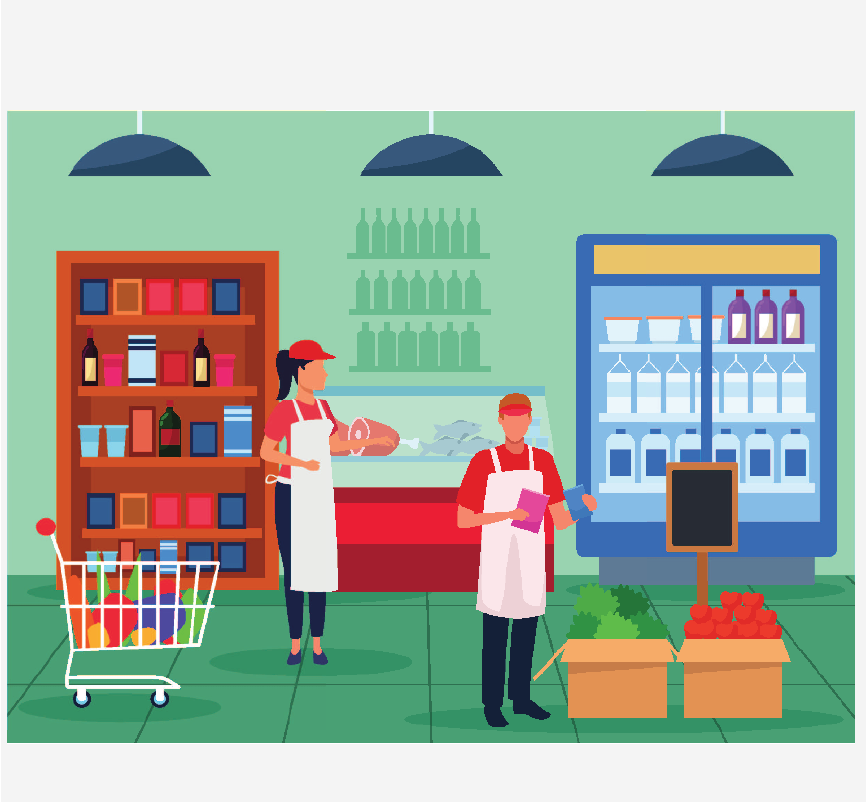 Two employees standing in a grocery store.