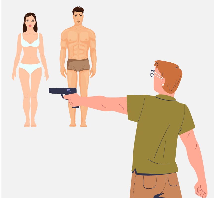 A man and woman standing in their underwear while a man points a gun at them.