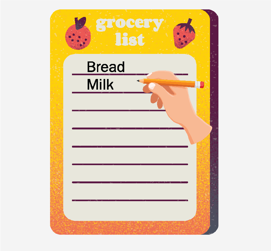 A hand holding a pencil and writing bread and milk on a grocery list.
