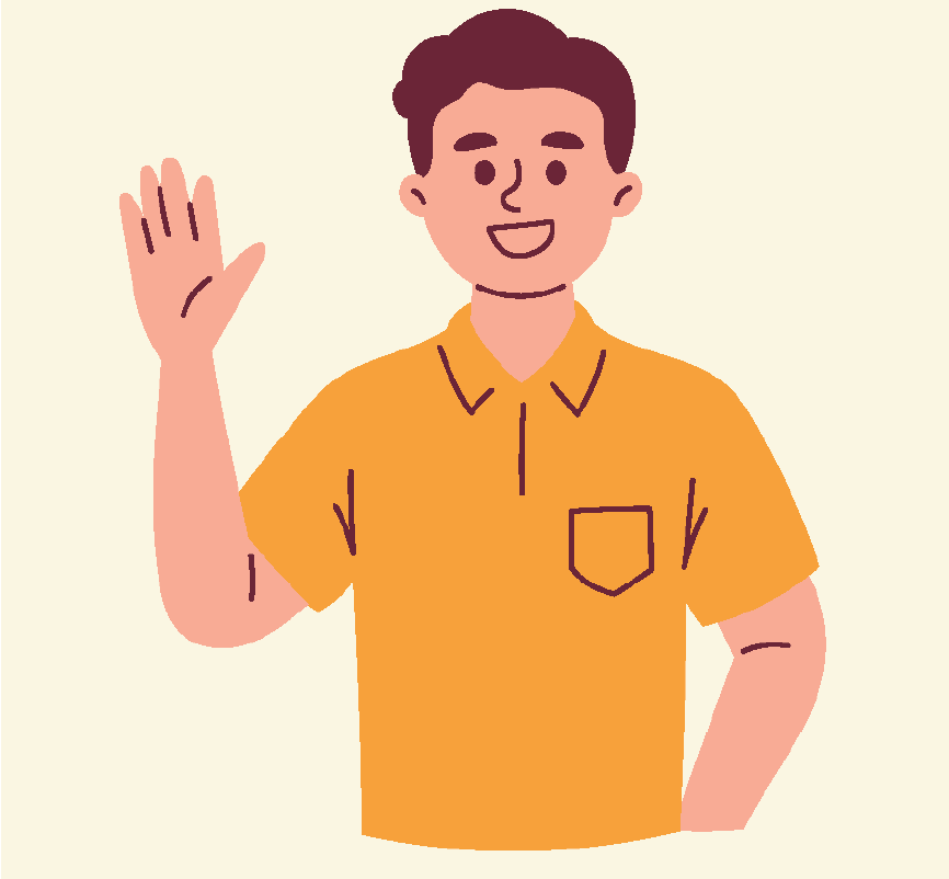 A man in a yellow shirt waving his hand.