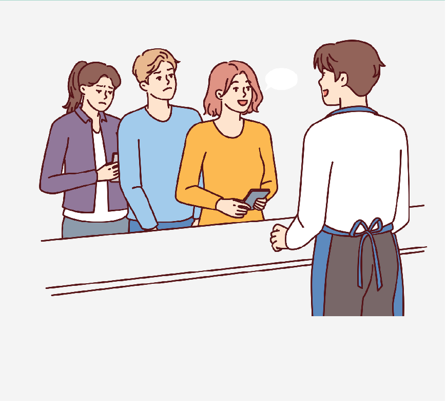 Imagen de personas en un restaurante de comida rápida, esperando en la fila mientras una mujer hace su pedido.