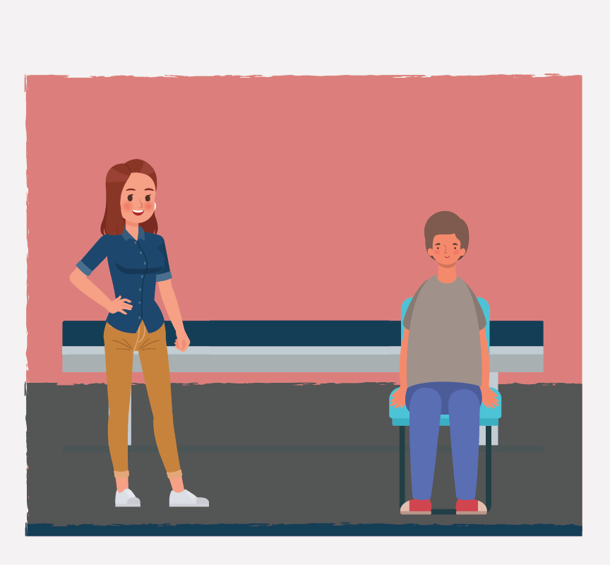 Graphic of a boy sitting in a room talking to a family member.