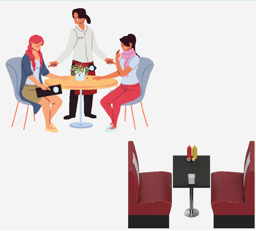 Imagen de una pareja sentada en una mesa, también hay una cabina con una mesa cerca de ellos.