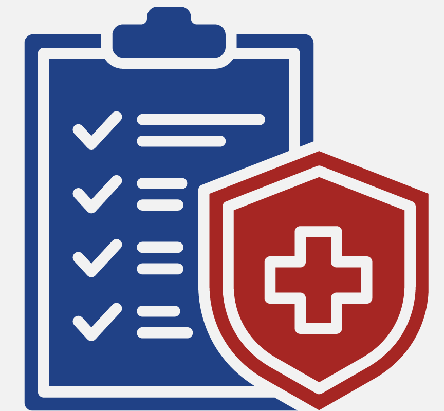 A blue checklist and a red safety shield