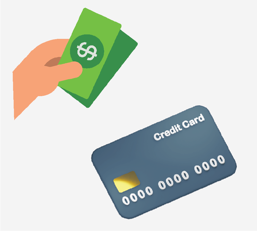 A hand holding dollar bills and a credit card.