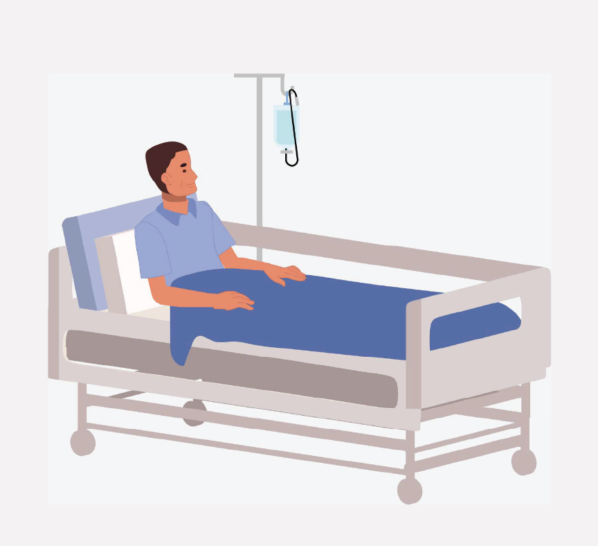 Graphic of a man sitting in a hospital bed.