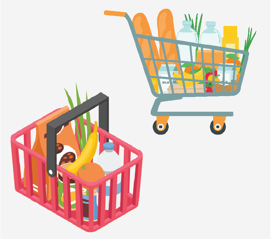 A cart and a basket both filled with groceries.