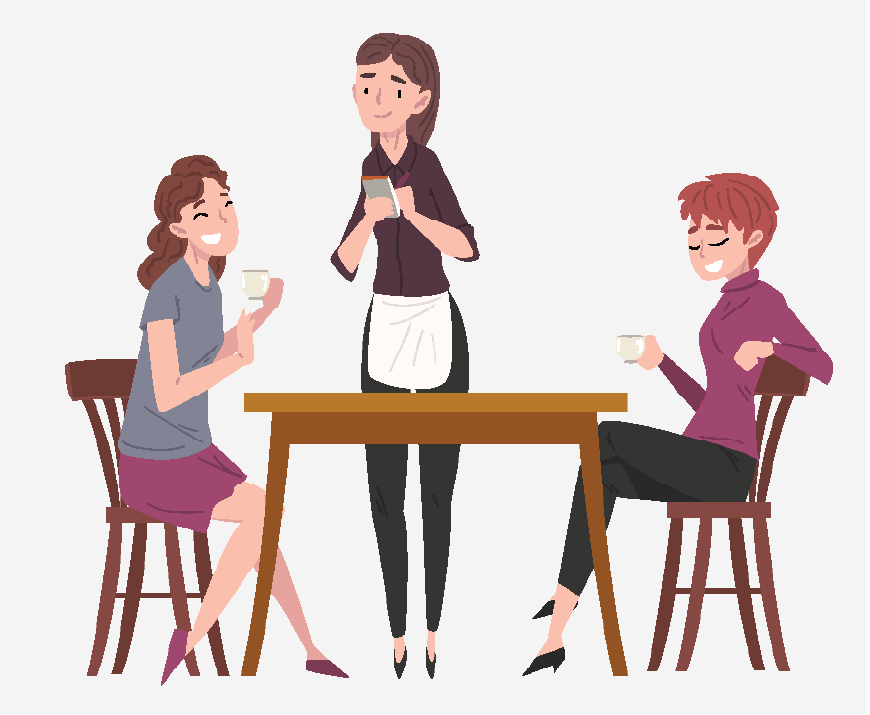 वेट्रेसले उनीहरूको अर्डर लिइरहेको बेला कुर्सीमा बसेका दुई केटीहरूको ग्राफिक।