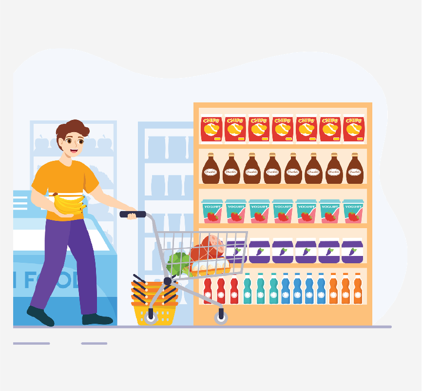 A man pushing a cart and holding bananas in a grocery store.