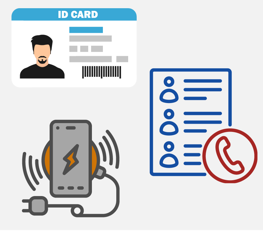 An ID card, clipboard, and cell phone and charger.