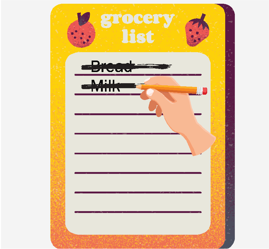 A grocery list with two items crossed off.