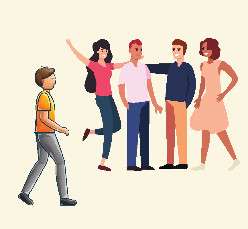 A man walking up to a group of four people.