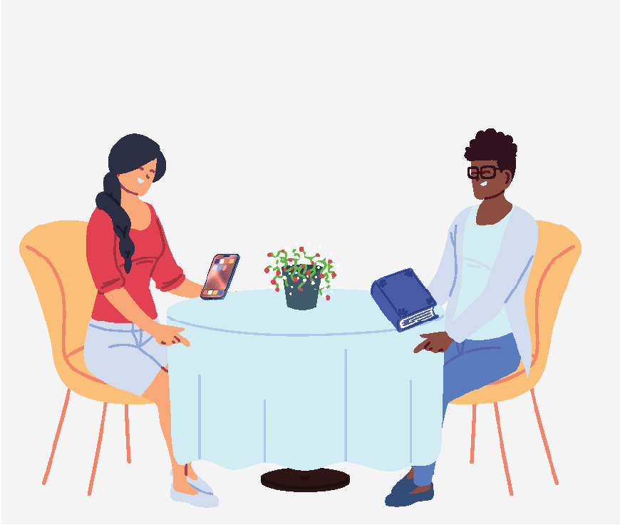 Graphic of a couple sitting at a table, one is reading a book, the other is looking at her phone. They are waiting for their food to come.