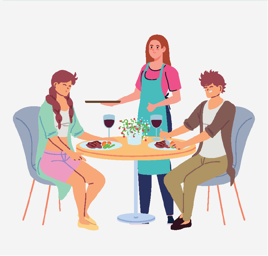 Imagen de un mesero llevando comida y bebida a una mesa en la que está sentada una pareja.