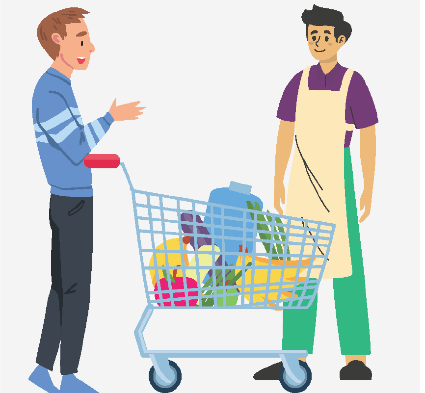 A man pushing a grocery cart while talking to a store employee.