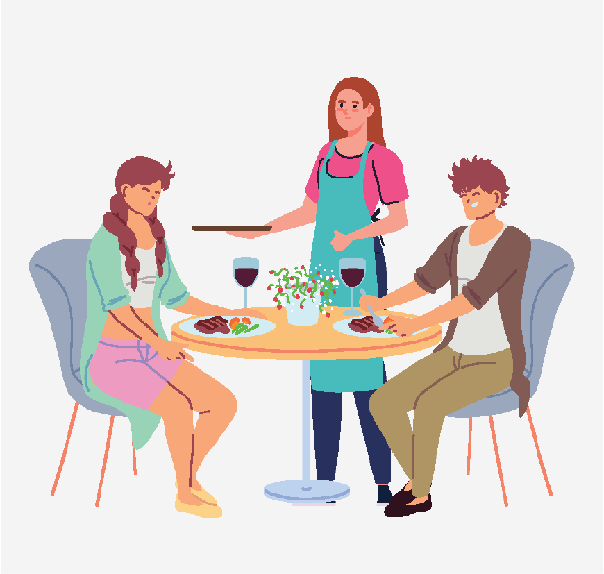 Graphic of a couple sitting at a table, the waiter is bringing their food and drinks.
