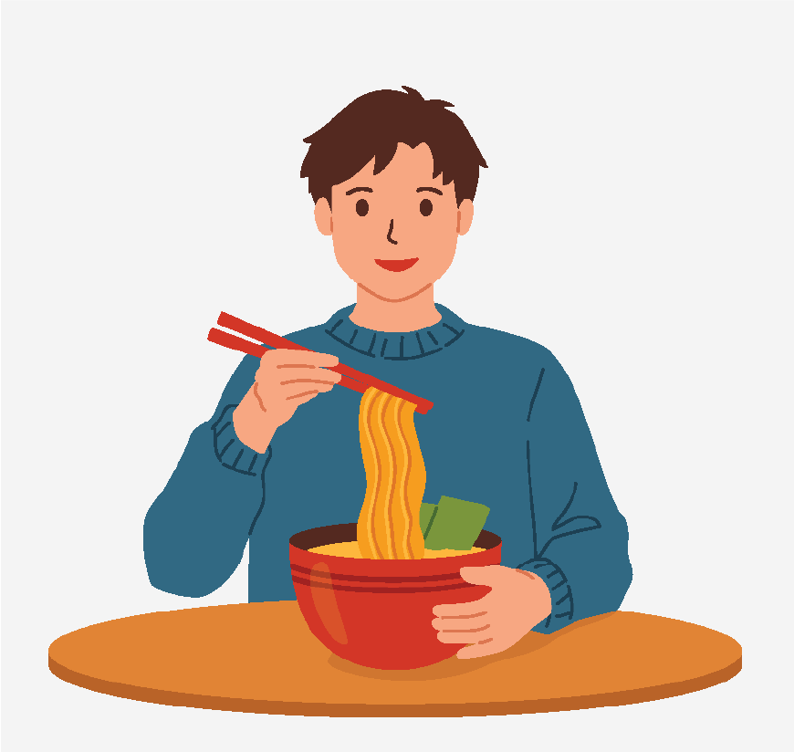 一位男孩正在吃碗里的面条示意图。他看起来很开心。