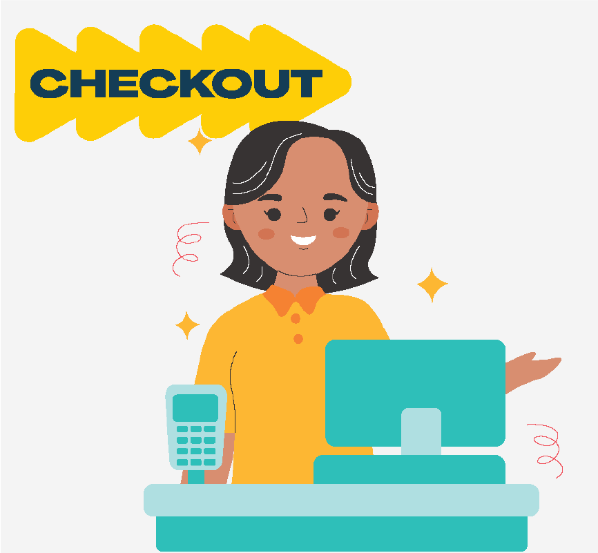 A woman standing behind a register. The word checkout is above her.