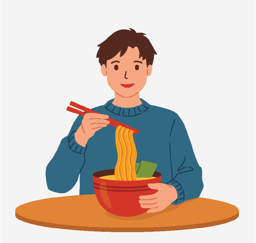 Graphic of a man eating dinner, he has a bowl with long noodles in it.