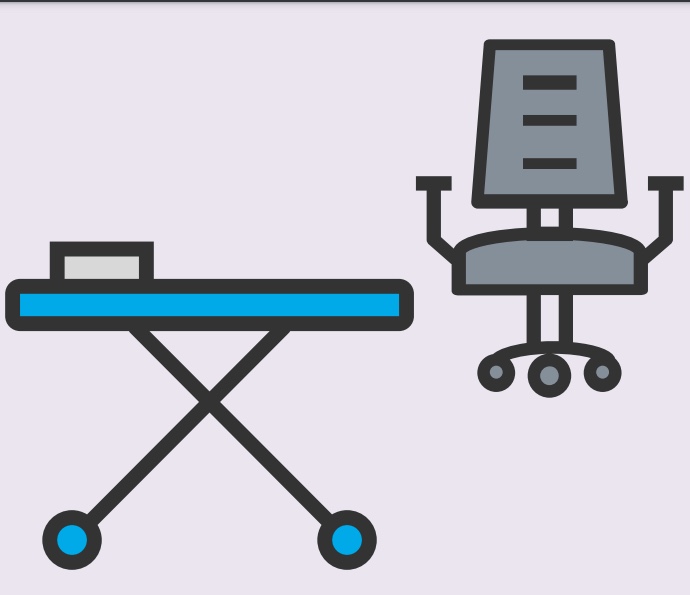 A cartoon rendering of a bed and a chair.